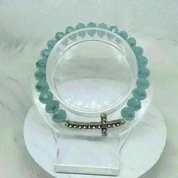 Navy Blue Beaded Bracelet with Rhinestones Cross - Picture 3 of 6